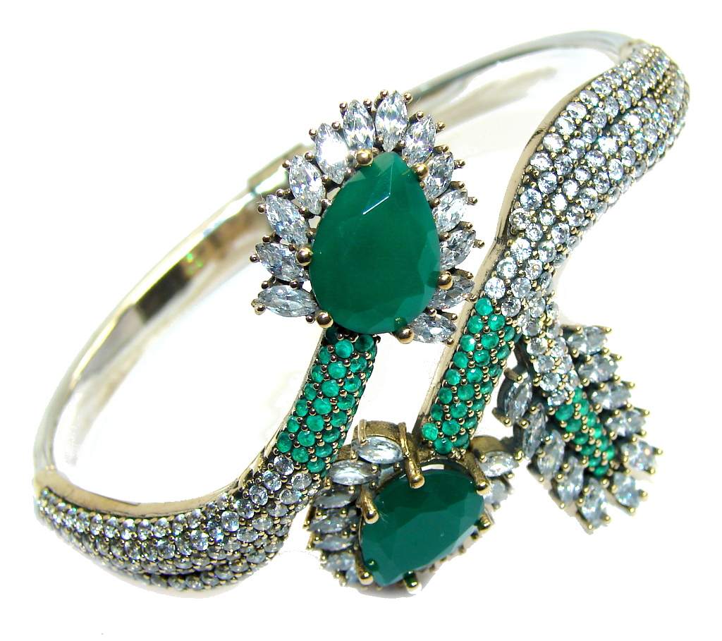 Victorian Style! Green Emerald Quartz & White Topaz Sterling Silver Bracelet / Cuff