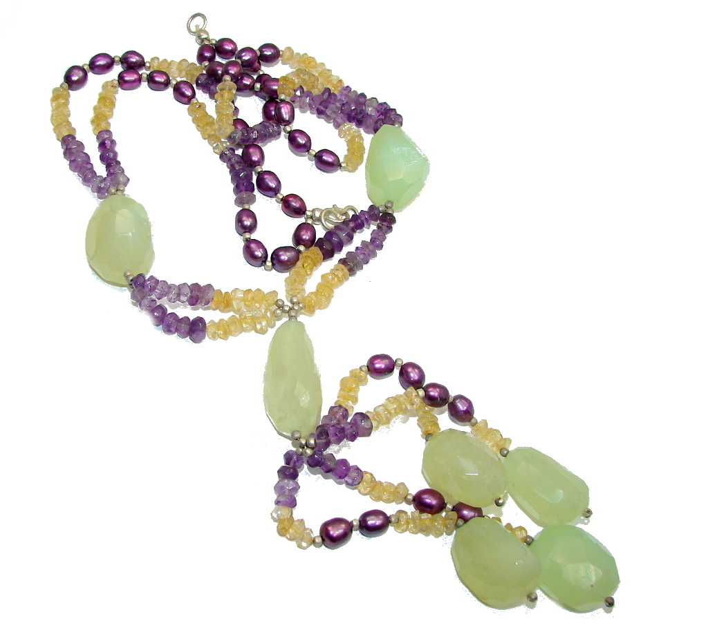 Big! Tropical Beauty AAA Green Moss Prehnite & Amethyst & Citrine & Blister Pearl Sterling Silver necklace