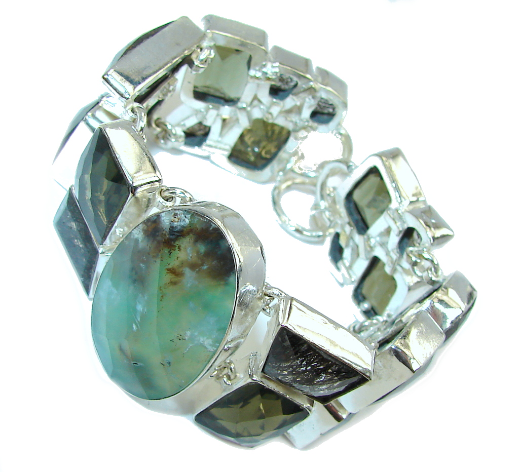 Get Glowing Moss Prehnite & Tourmalinated Quartz Sterling Silver Bracelet