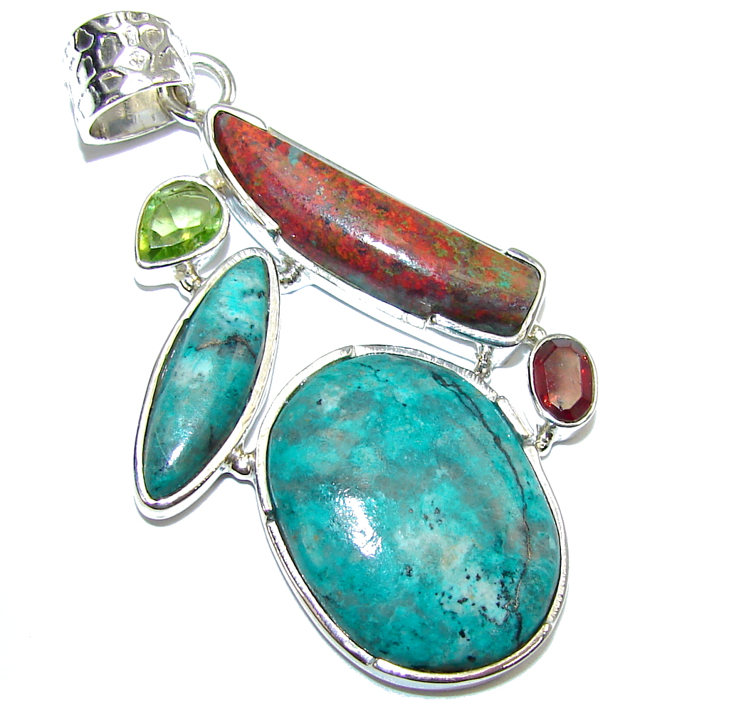 Excellent Red Sonora Jasper & Garnet & Peridot Sterling Silver Pendant