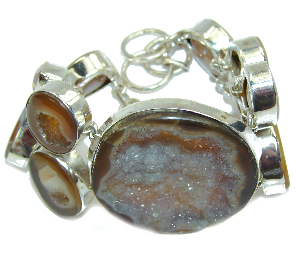 Classic Beauty Brown Agate Druzy Sterling Silver Bracelet