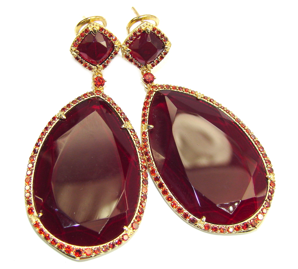 Large! Stunning Creatred Red Ruby & Garnet, Gold Plated Sterling Silver earrings