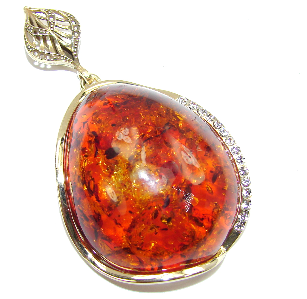 Big! Gorgeous Design AAA Baltic Polish Amber & White Topaz, Gold Plated Sterling Silver Pendant