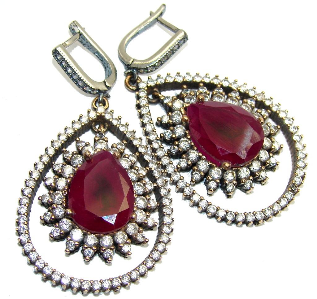 Victorian Style created Red Ruby & White Topaz Sterling Silver earrings