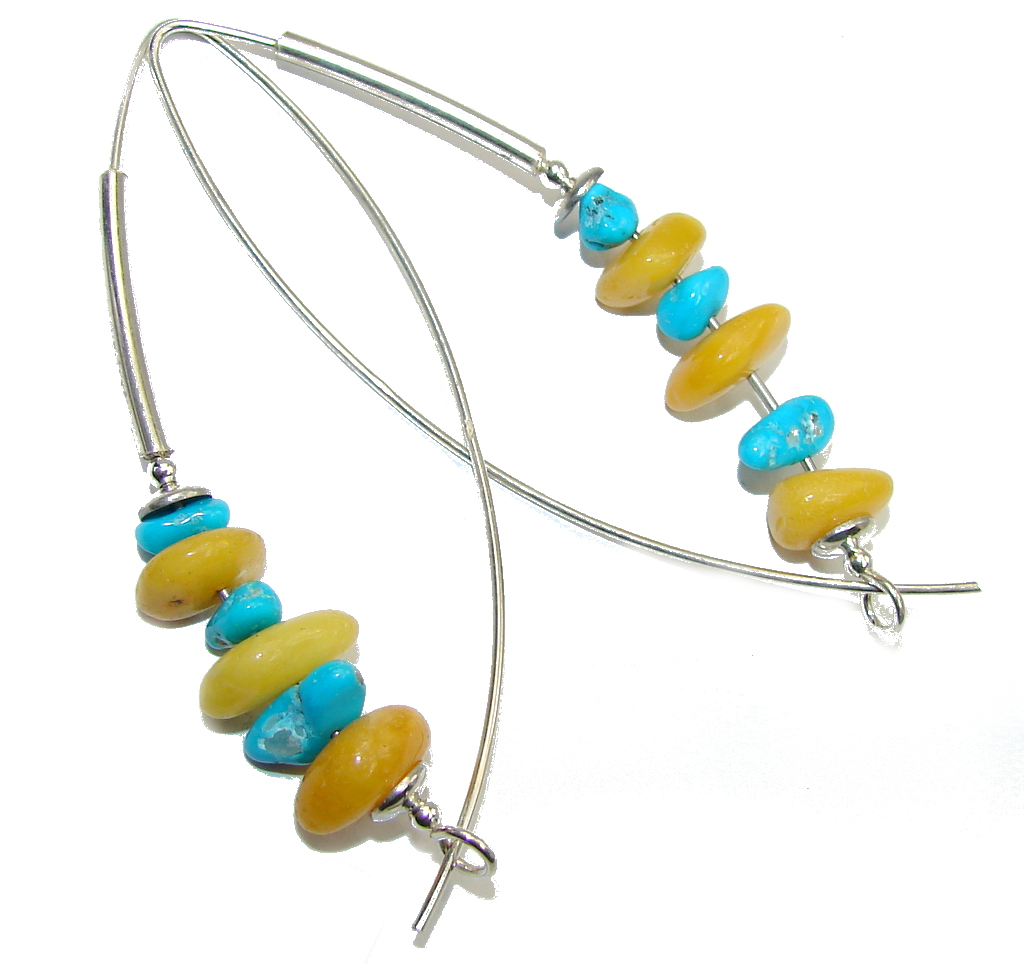 Genuine Long Baltic Polish Amber Sleeping Beauty Turquoise Sterling Silver Earrings