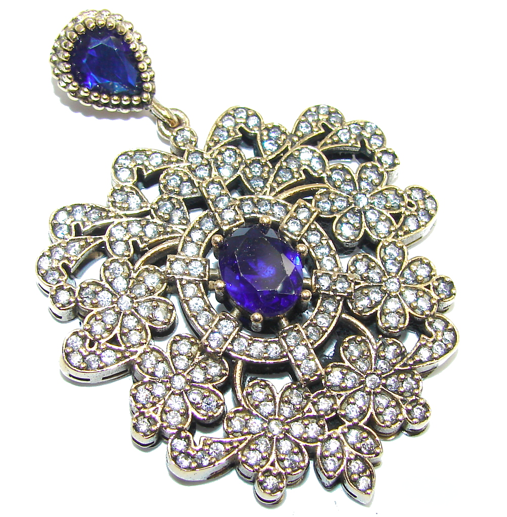 Victorian Style Created Sapphire Sterling Silver Pendant