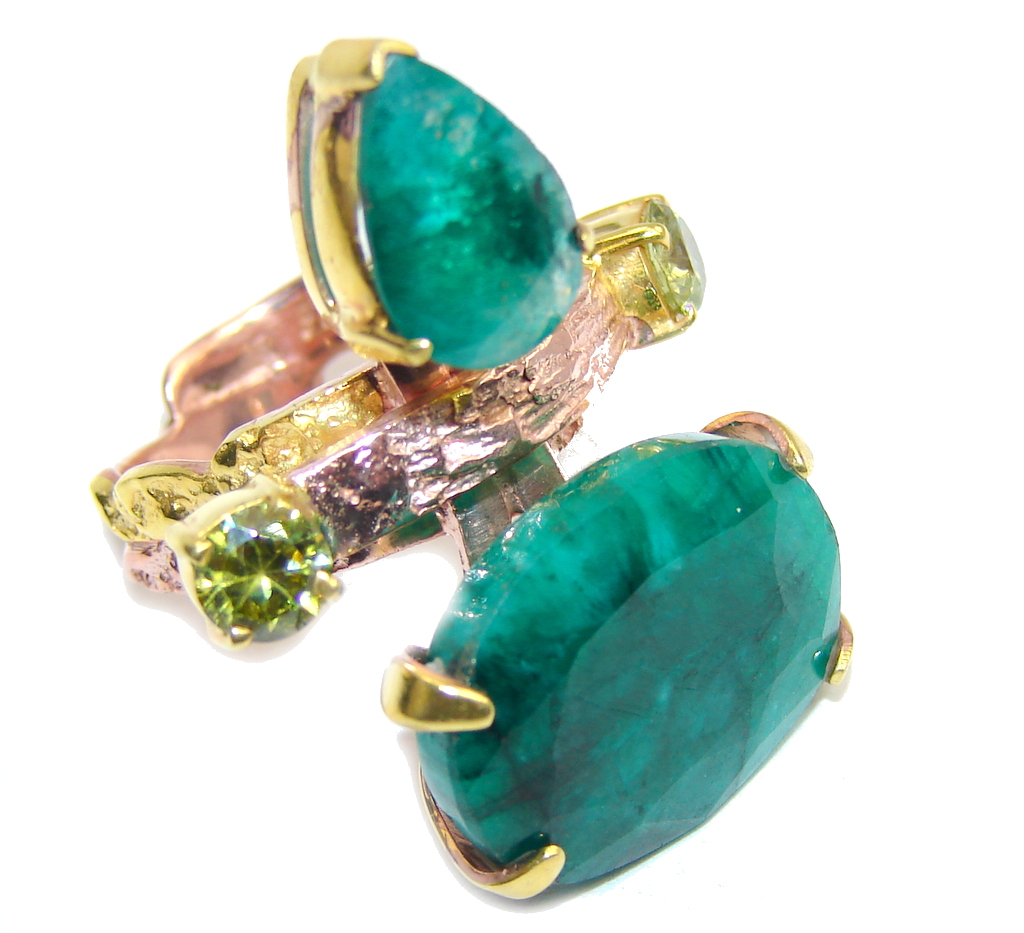 Big! Beautiful AAA Green Emerald, Rose & Gold Plated Sterling Silver Ring s. 7 1/4