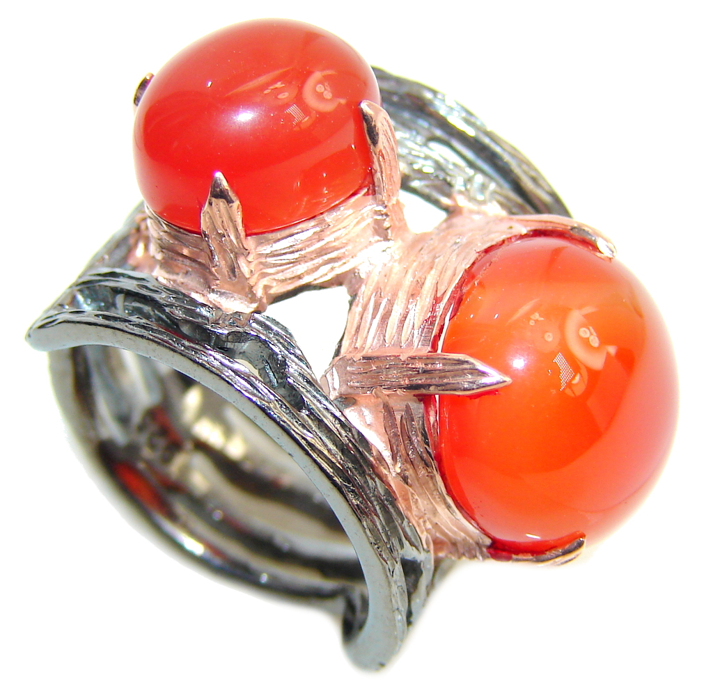 Amazing Orange AAA Carnelian, Gold & Rhodium PLated Sterling Silver ring s. 6 1/2