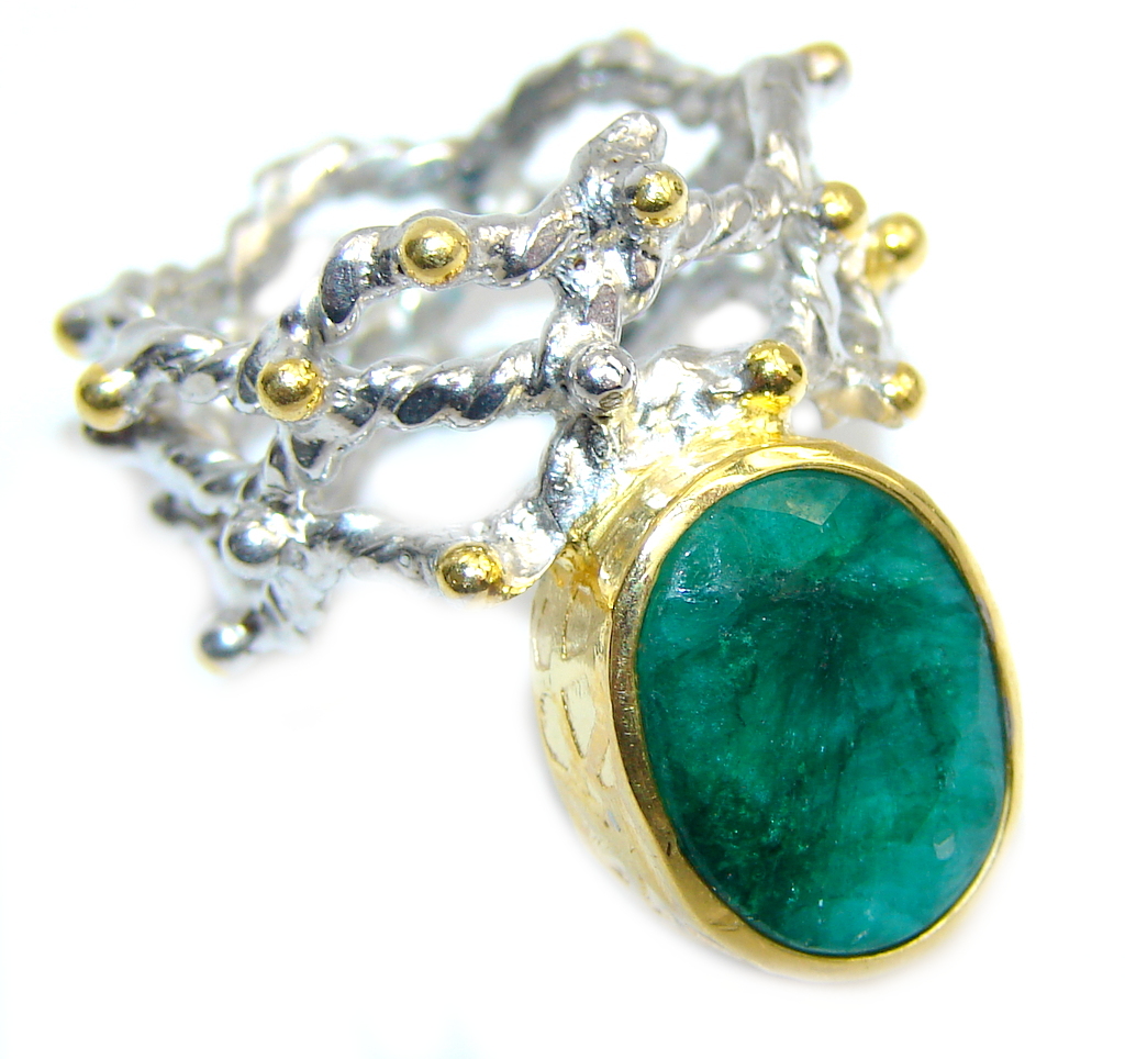 Genuine AAA Green Emerald, Two Tones Sterling Silver Ring s. 6 1/2