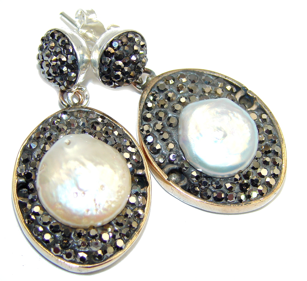 Classic Design! Mother Of Pearl & Marcasite Sterling Silver earrings