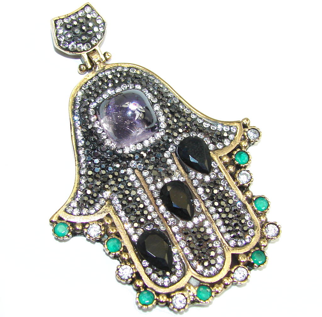 Large! Victorian Style Hamsa Hand Emerald & White Topaz Sterling Silver Pendant