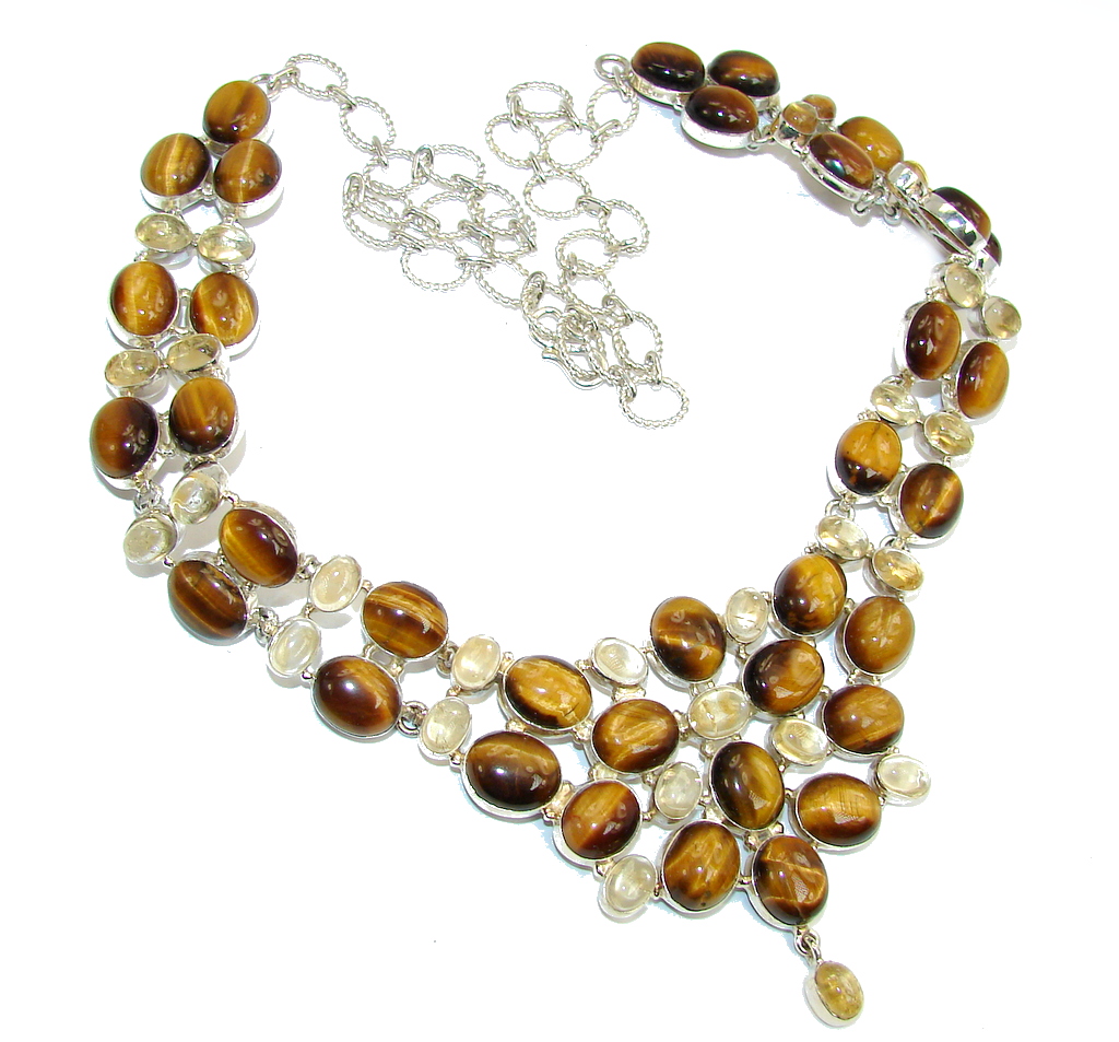 Perfect Gift AAA Tigers Eye & Citrine Sterling Silver Necklace
