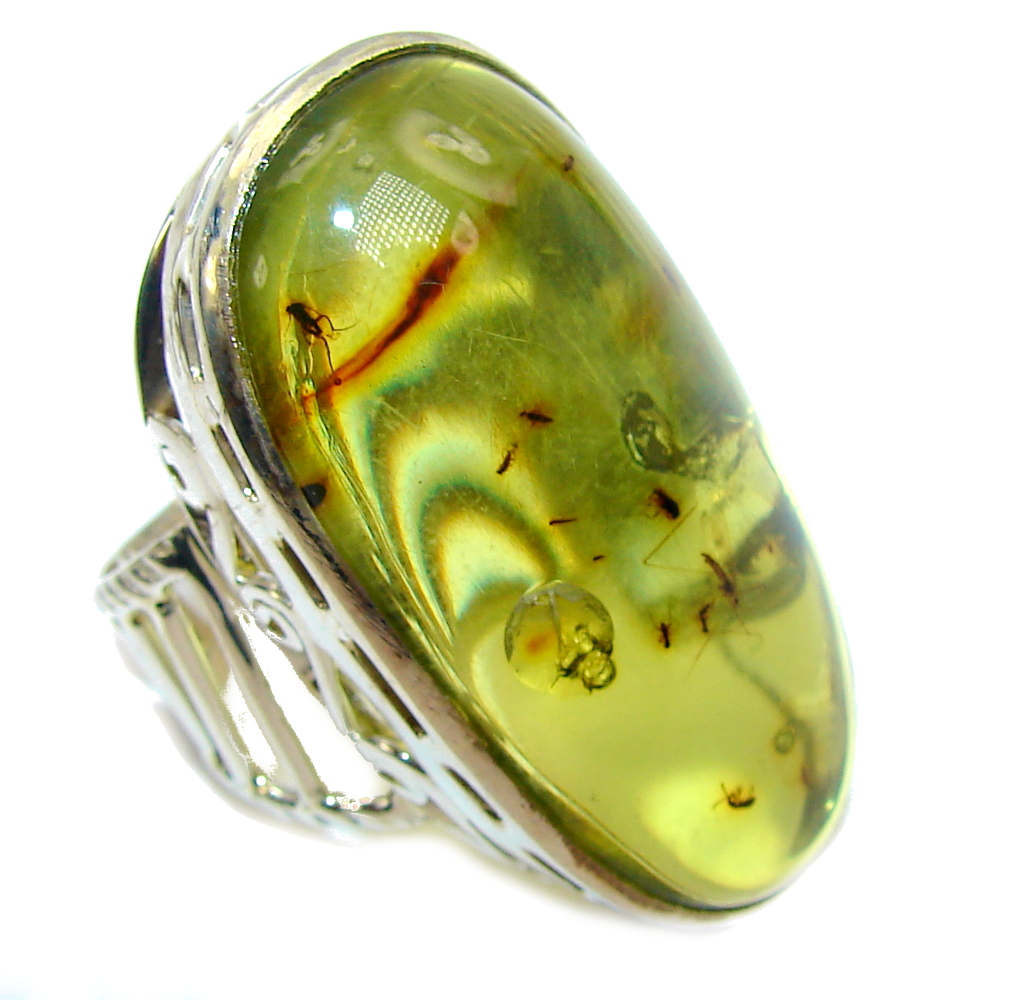 Big! Genuine AAA Green Polish Amber Sterling Silver Ring s. 11 1/2