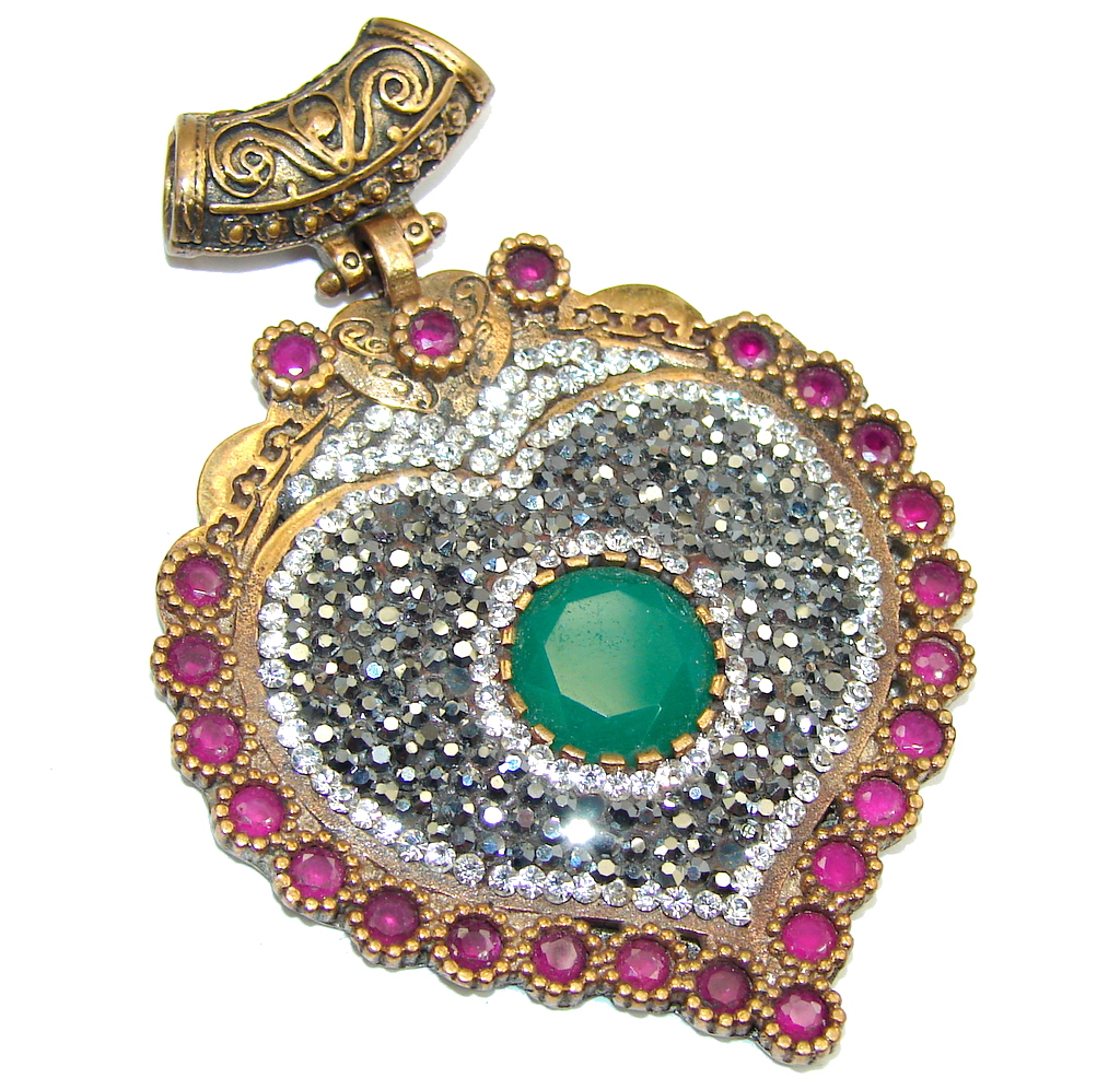 Big! Victorian Style Emerald & Ruby & White Topaz Sterling Silver Pendant