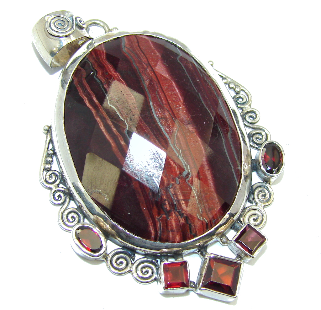 Amazing! Red Dark Tigers Eye & Garnet Sterling Silver Pendant