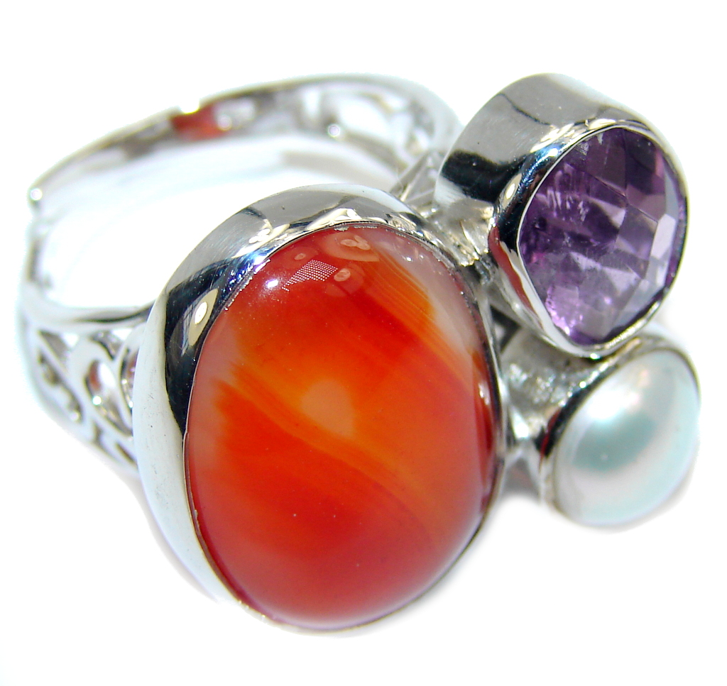 Big! Precious Orange Carnelian Sterling Silver ring s. 7 adjustable
