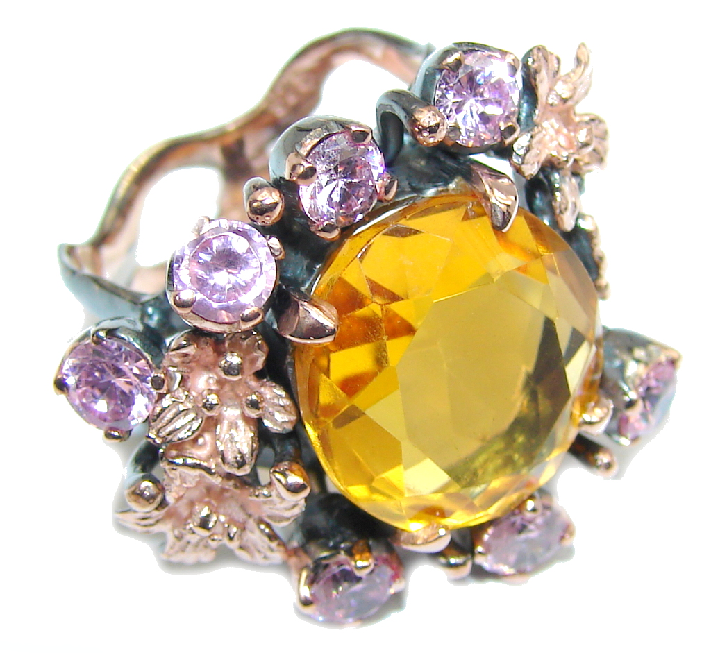 Very Elegant AAA Citrine & Created Pink Sapphire, Rose Gold Plated, Rhodium Plated Sterling Silver Ring s. 7 1/2