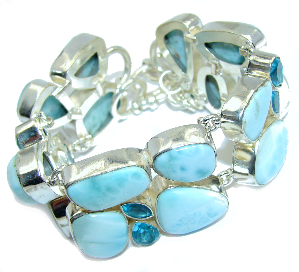 Caribbean Sea AAA Blue Larimar & Blue Topaz Sterling Silver Bracelet
