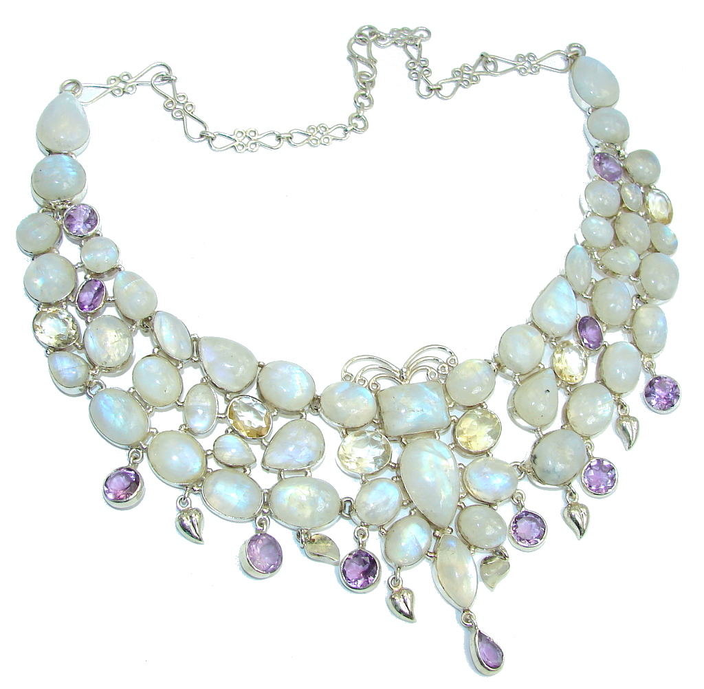 Heavenly Love! AAA White Fire Moonstone & Citrine & Amethyst Sterling Silver necklace