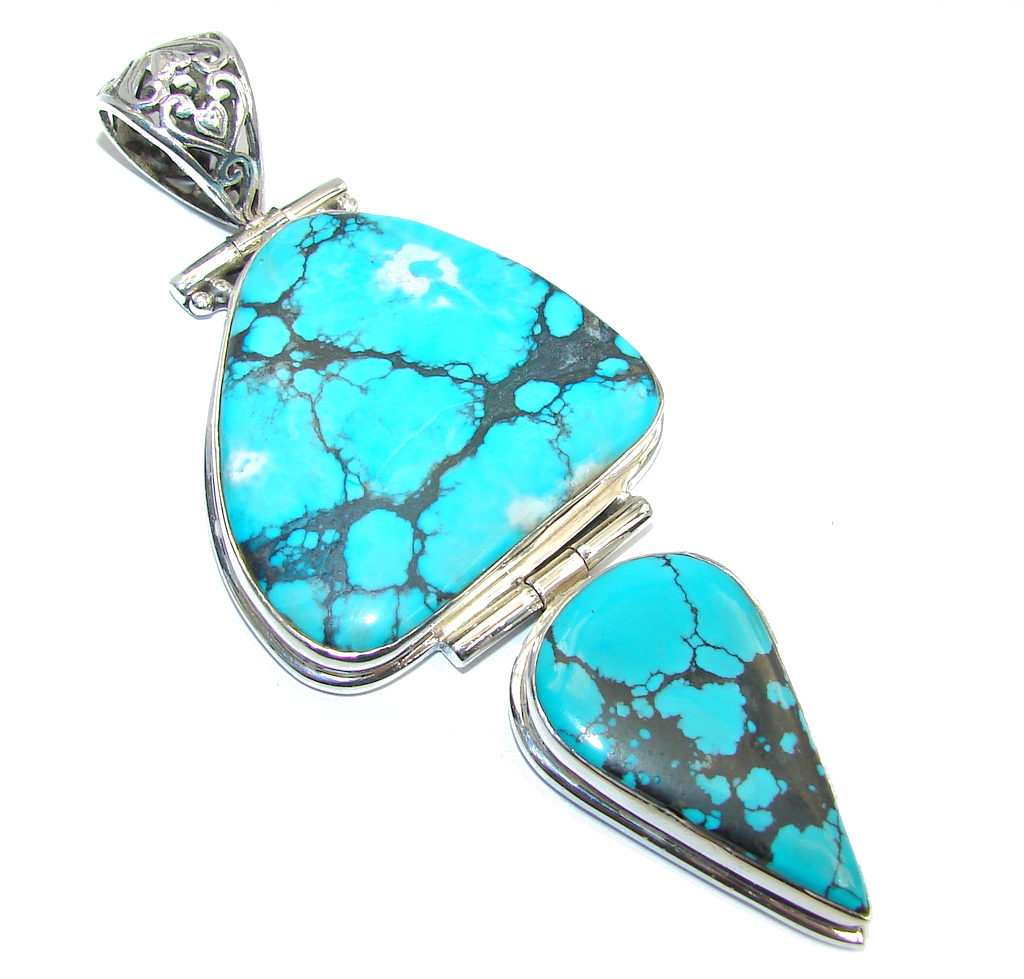 Large! Electric Blue Ithaca Pearl Turquoise With Pyrite Matrix Sterling Silver Pendant