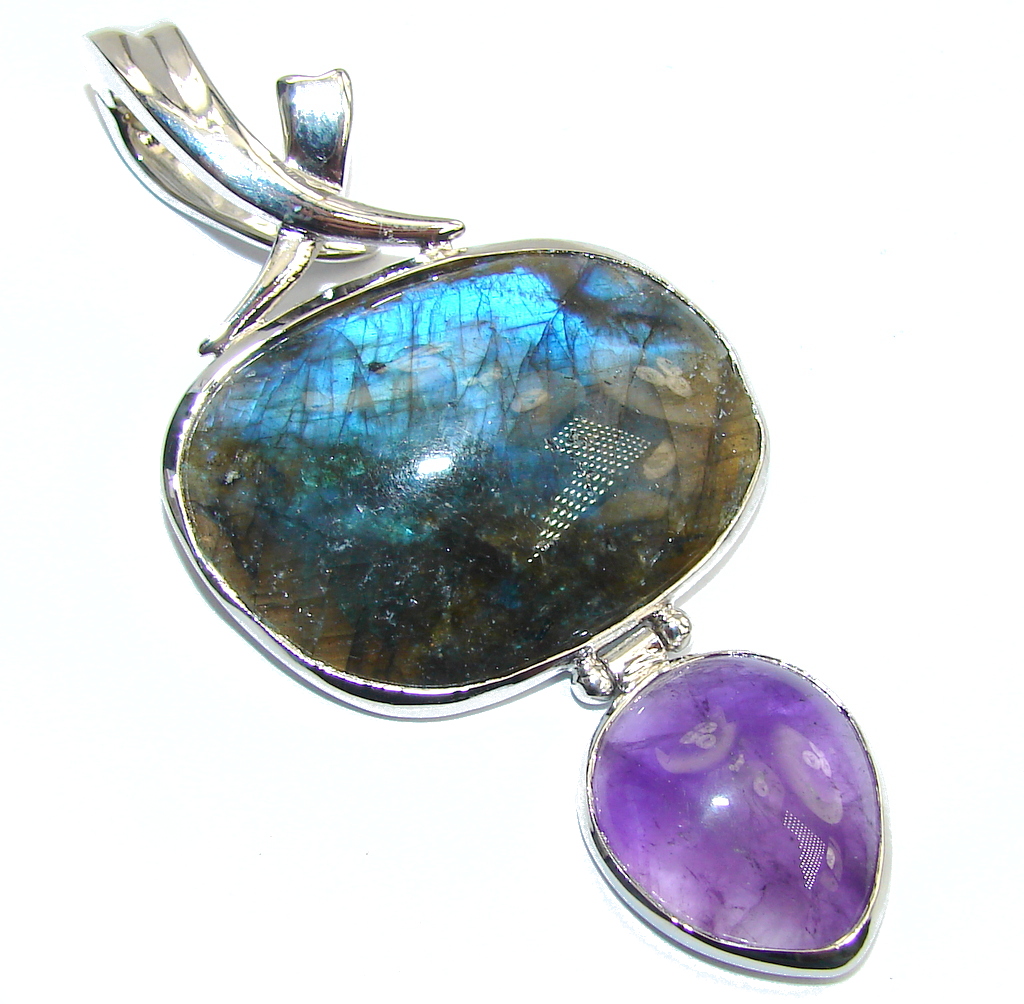 Big! Genuine Blue Fire Labradorite & Amethyst Sterling Silver Pendant