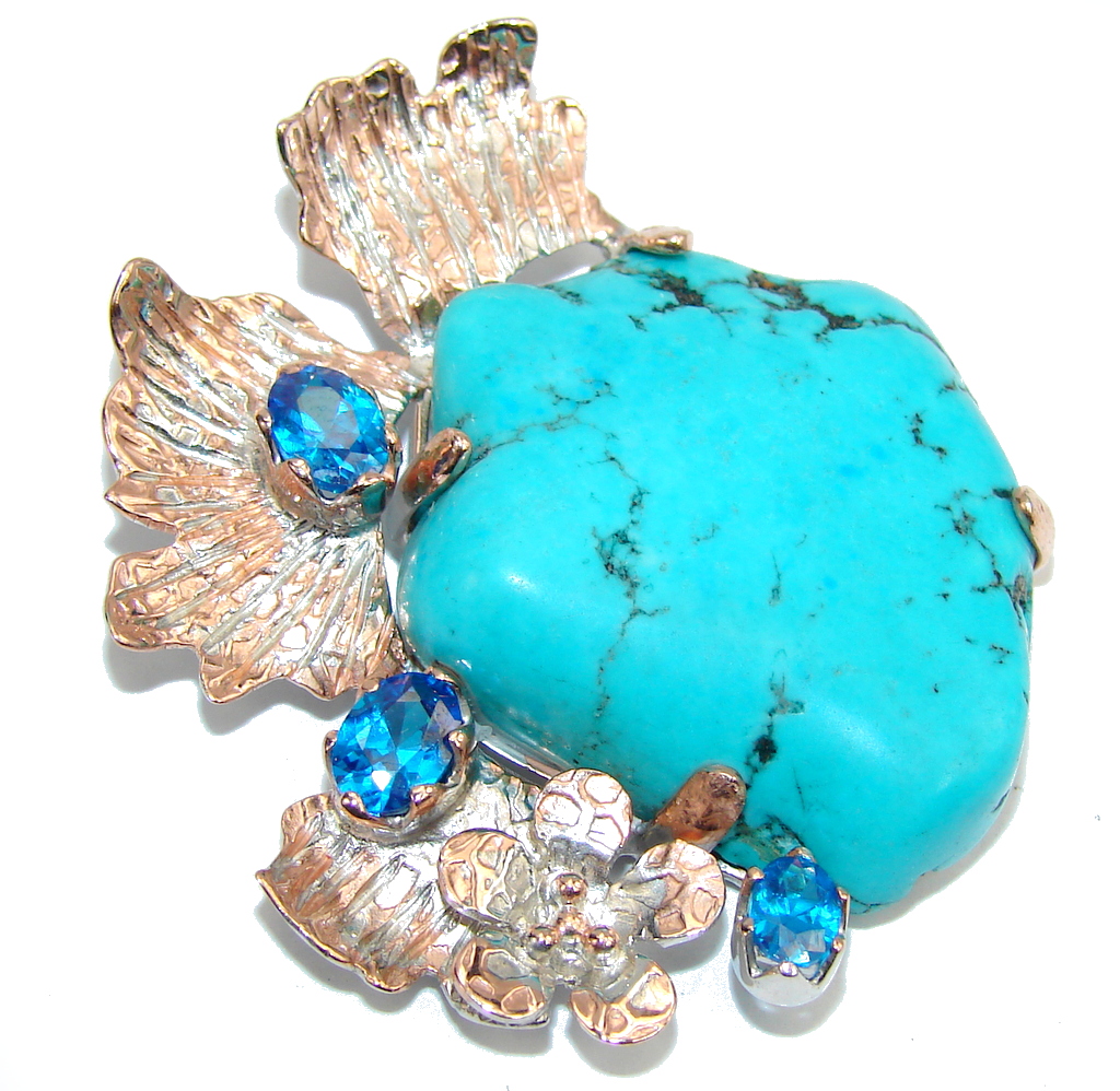 Big! Beautiful Blue Turquoise, Two Tones Sterling Silver Pendant