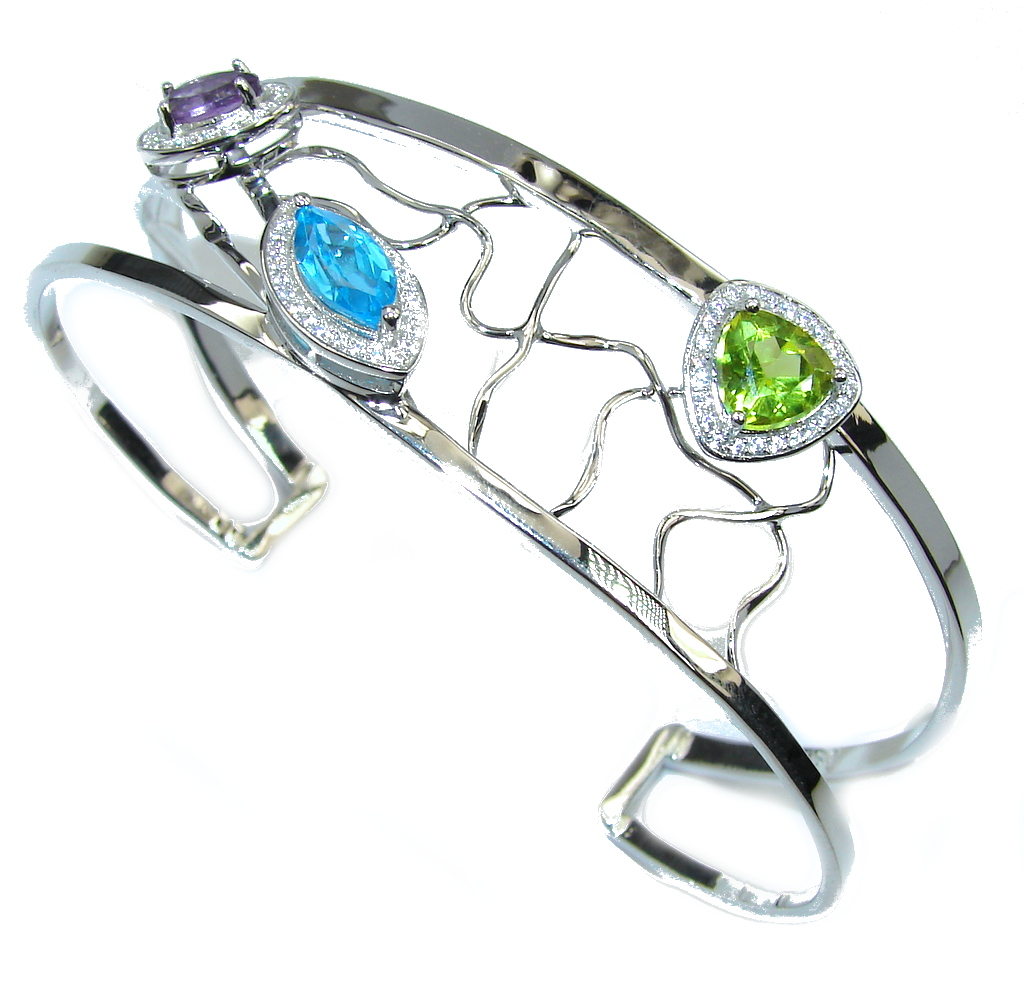 Genuine AAA Peridot, Amethyst, Swiss BlueTopaz Sterling Silver Bracelet / Cuff