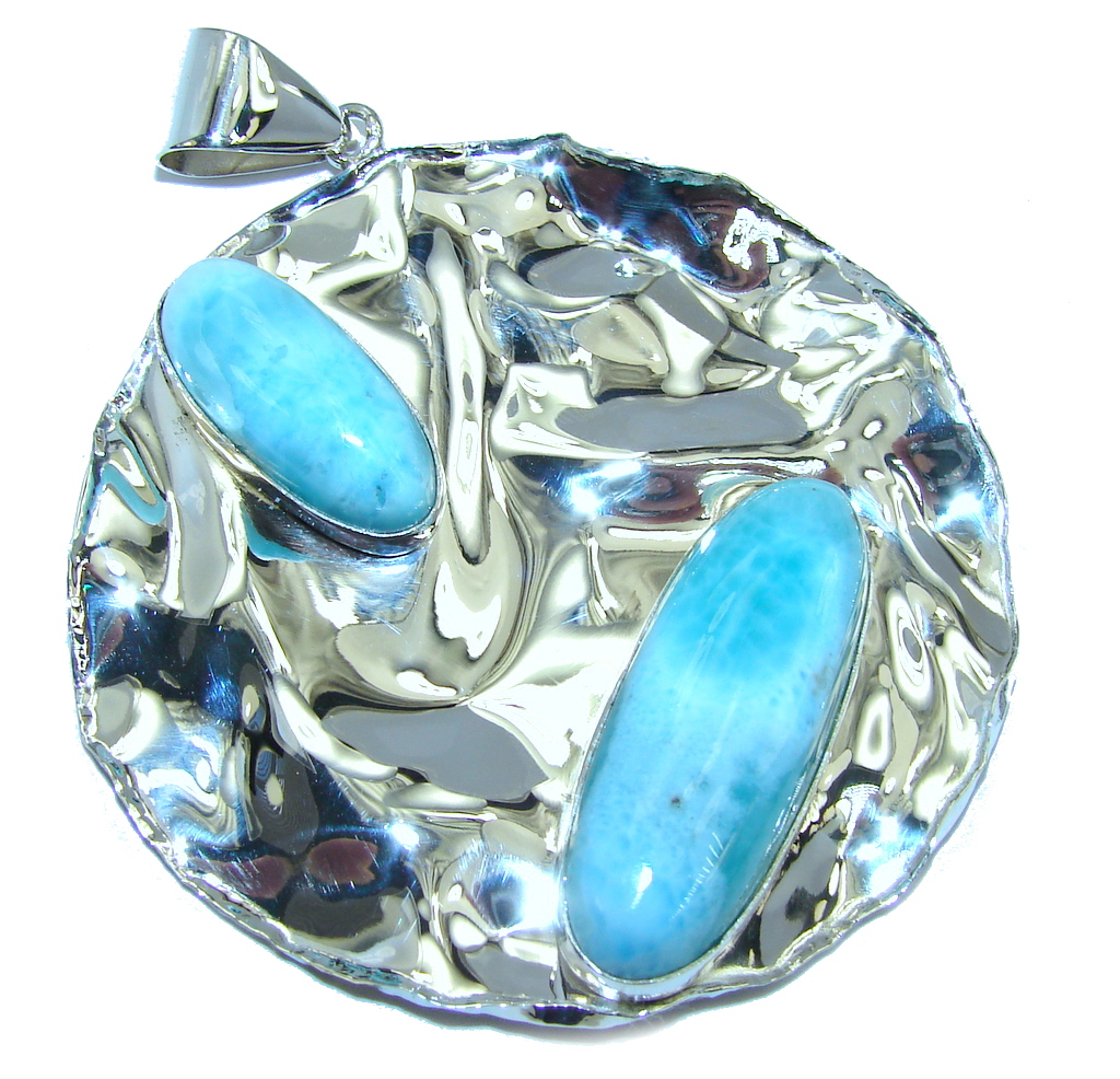 Natural AAA Blue Larimar Hammered Sterling Silver Pendant