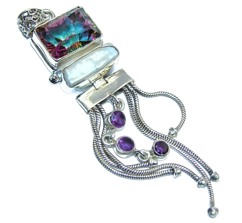 Big! Perfect Rainbow Magic Topaz & Mother Of Pearl & Amethyst Sterling Silver Pendant