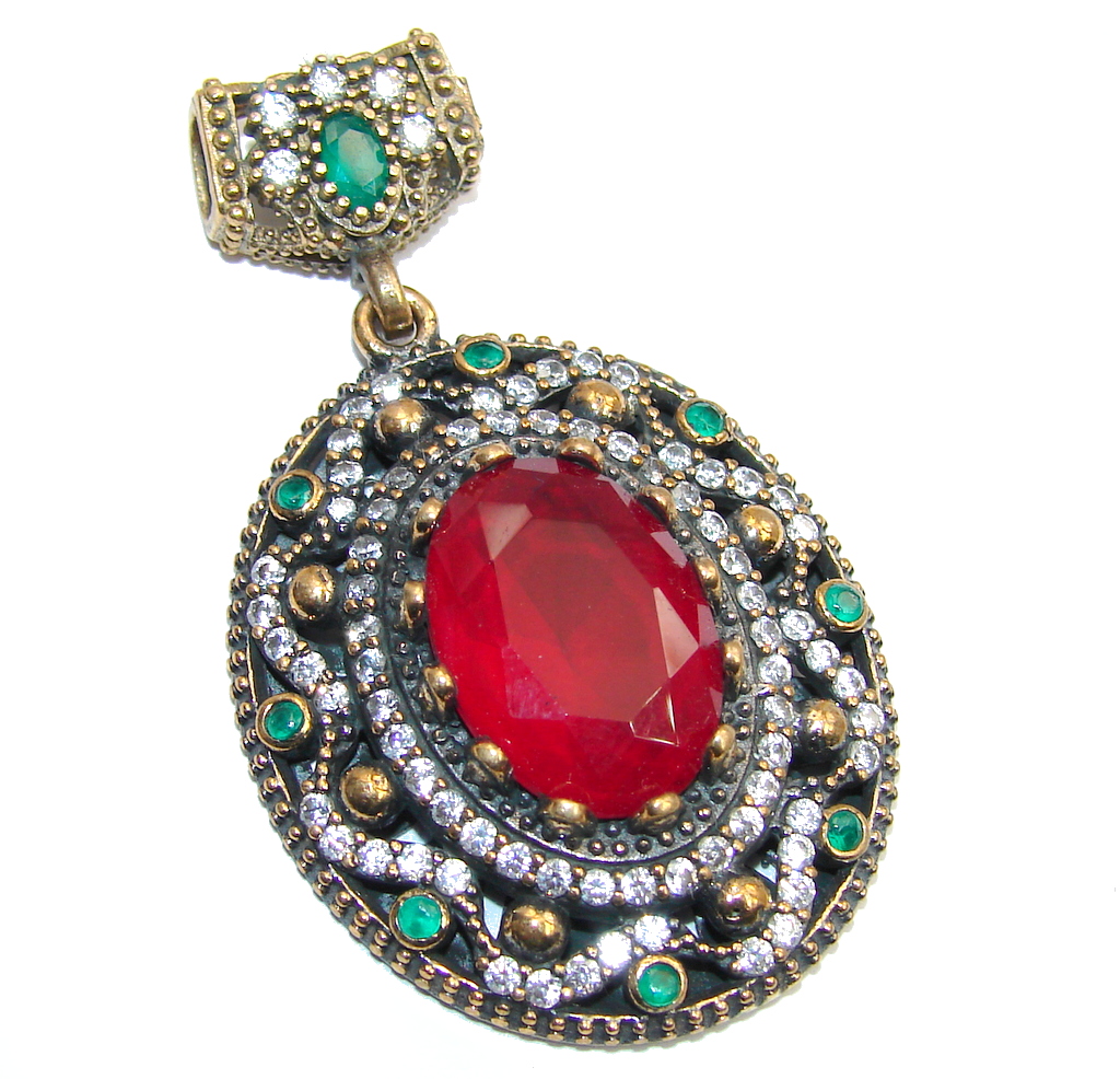 Victorian Style Created Ruby & Emerald & White Topaz Sterling Silver Pendant