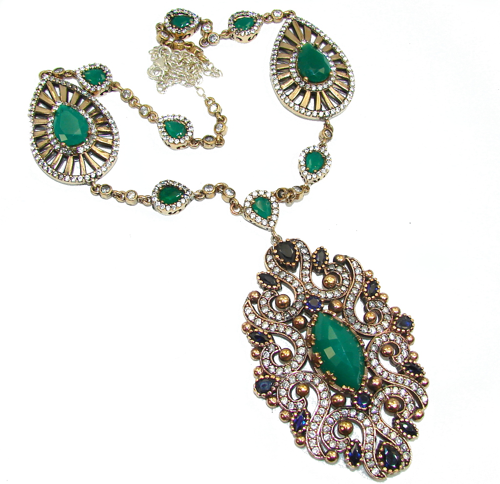 Big! Victorian Style Green Emerald & Sapphire & White Topaz Sterling Silver necklace