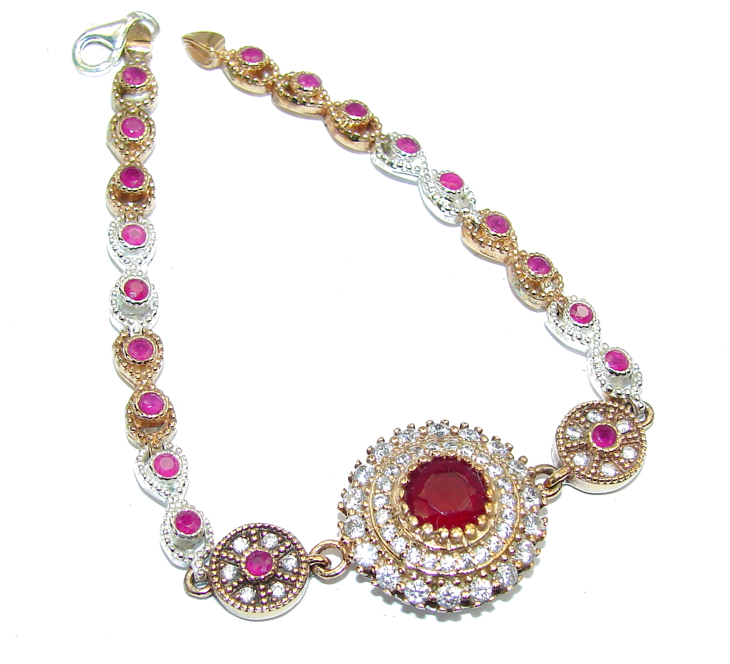 Victorian Style! Pink Ruby & White Topaz Sterling Silver Bracelet