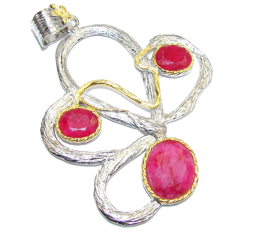 Big! Very Elegant Pink Ruby, Two Tones Sterling Silver Pendant