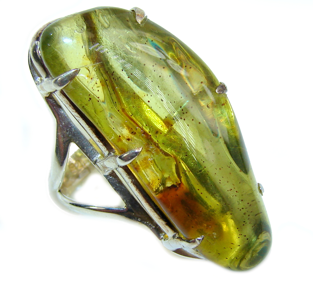 Big! Genuine AAA Green Polish Amber Sterling Silver Ring s. 6 1/2