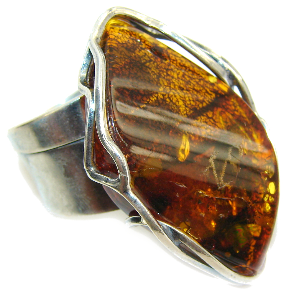 Big! Natural AAA Brown Polish Amber Sterling Silver Ring s. 7- adjustable