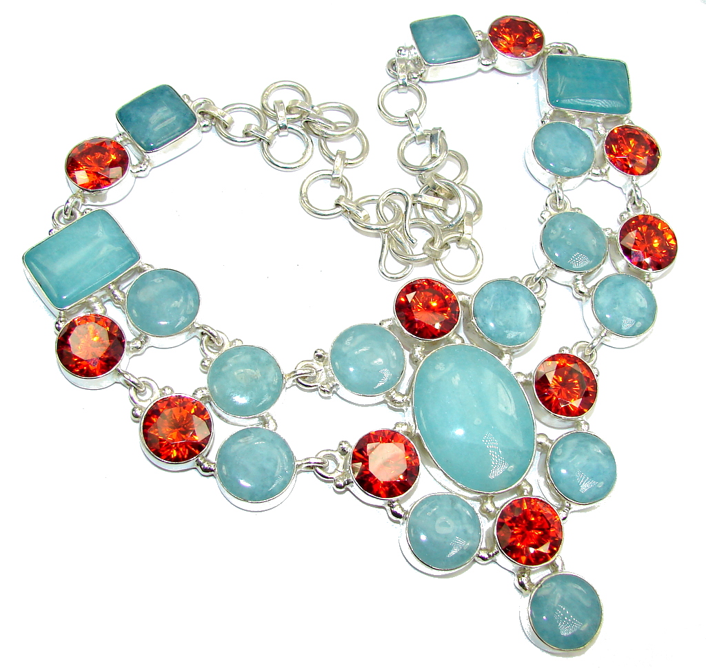 Big! Secret Beauty Blue Aquamarine & Cubic Zirconia Sterling Silver necklace