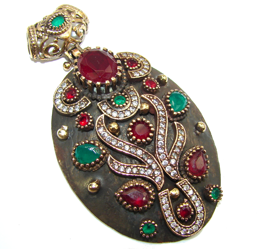 Big! Victorian Style Red Ruby & Emerald & White Topaz Sterling Silver Pendant