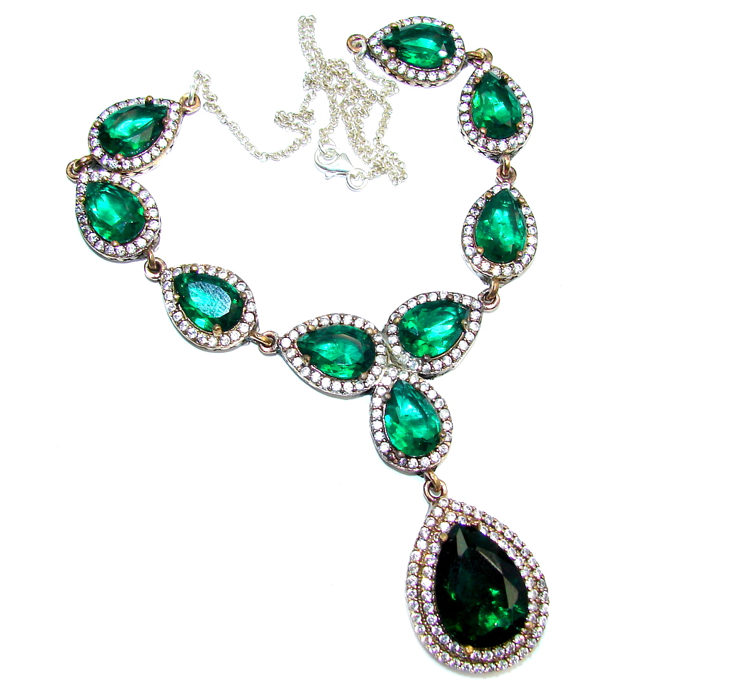 Victorian Style Created Green Emerald & White Topaz Sterling Silver necklace