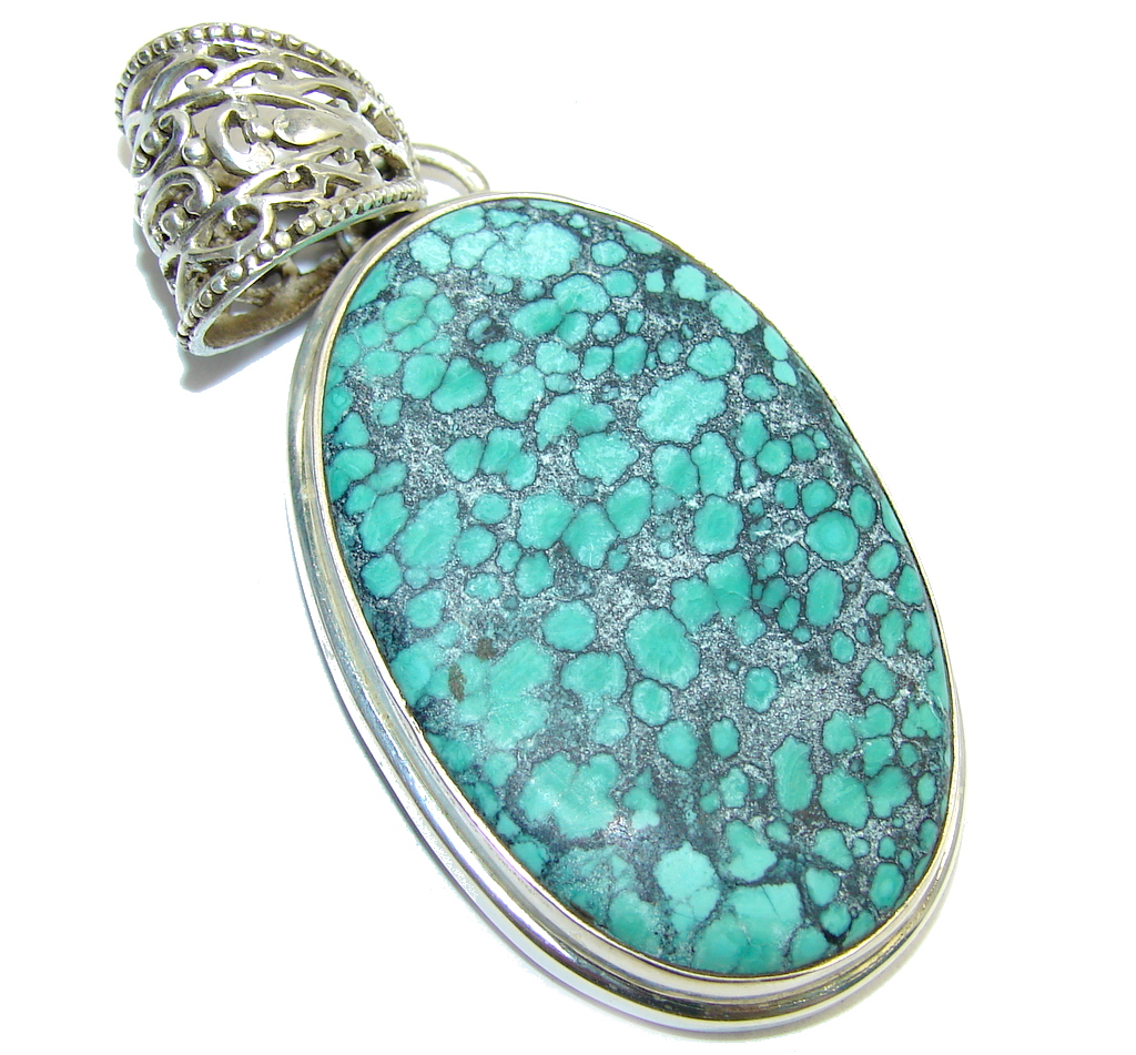 Green Spider Web Turquoise Sterling Silver Pendant