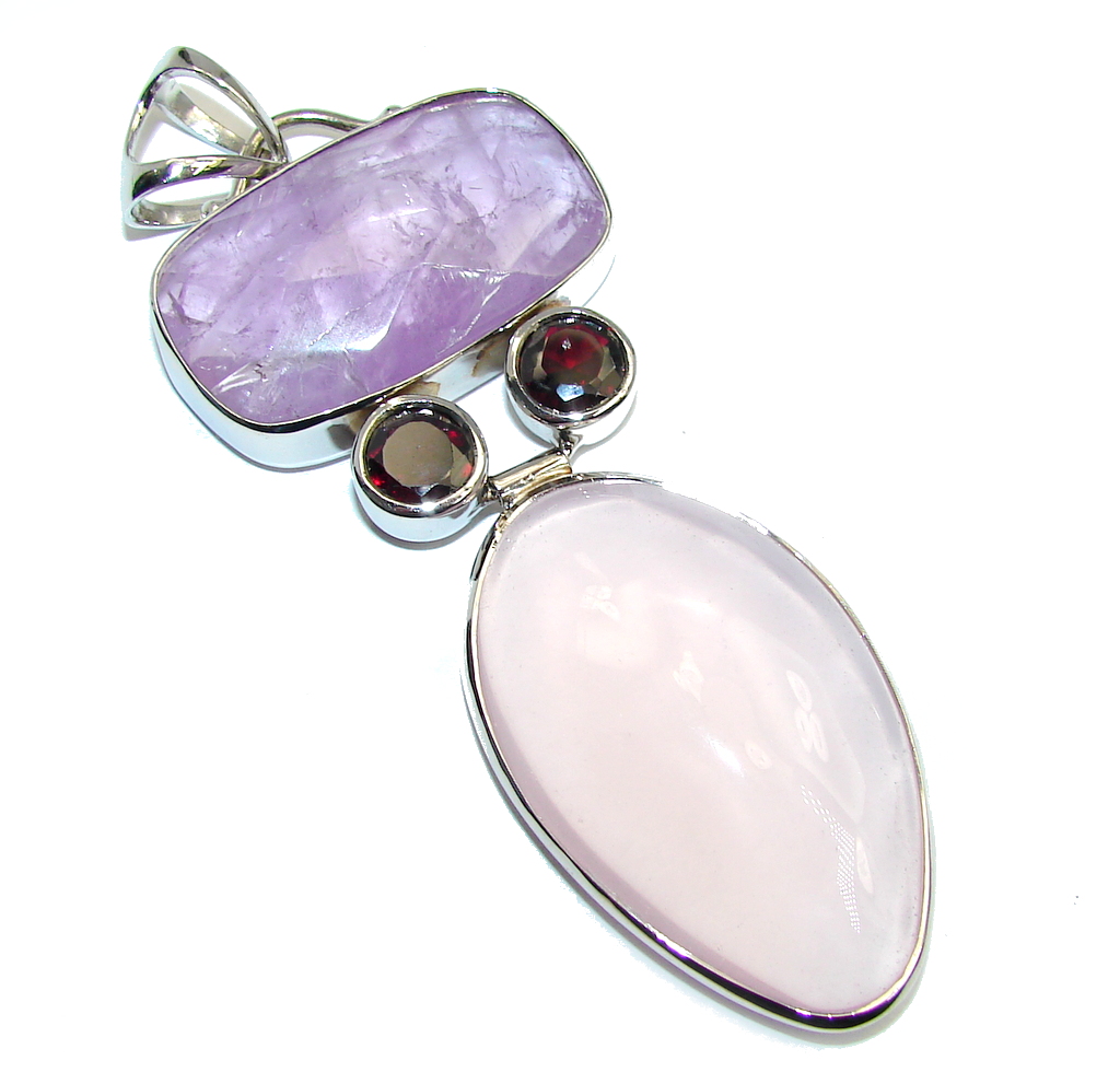 Large! Tropical Purple Amethyst & Rose Quartz Sterling Silver pendant
