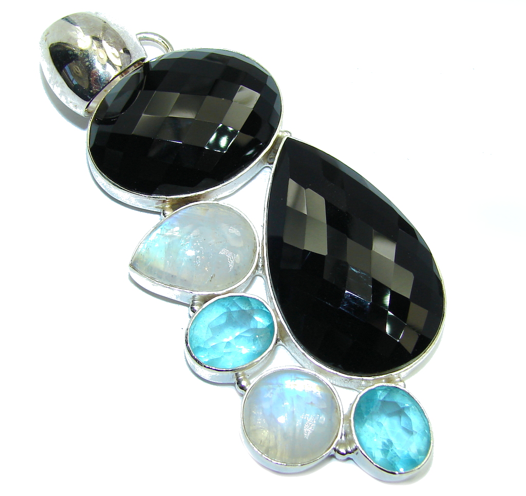 Big! Aura Of Beauty Black Onyx & Swiss Blue Topaz & Moonstone Sterling Silver Pendant