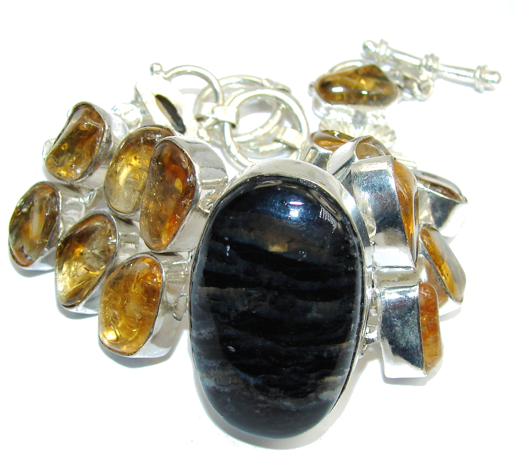Beautiful Black Pietersite & Citrine Sterling Silver Bracelet