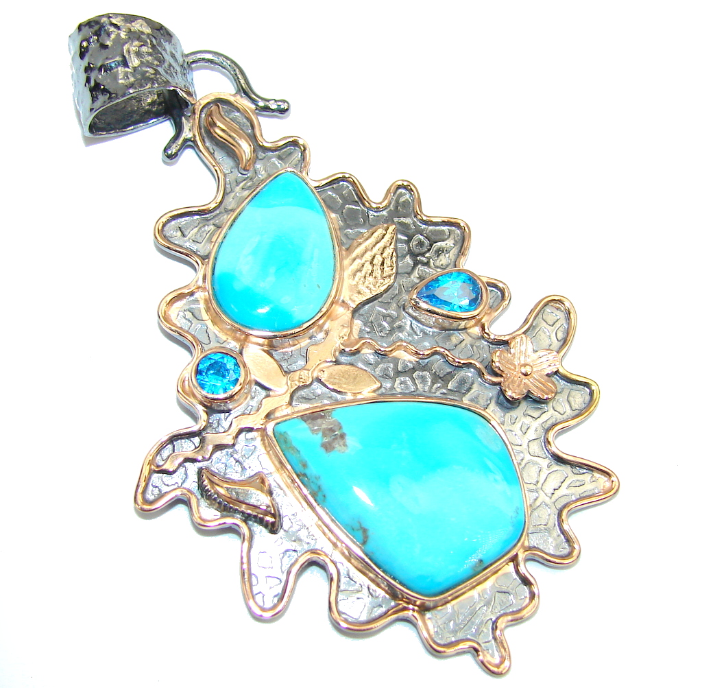 Sleeping Beauty Blue Turquoise, Rose Plated, Rhodium Plated Sterling Silver Pendant