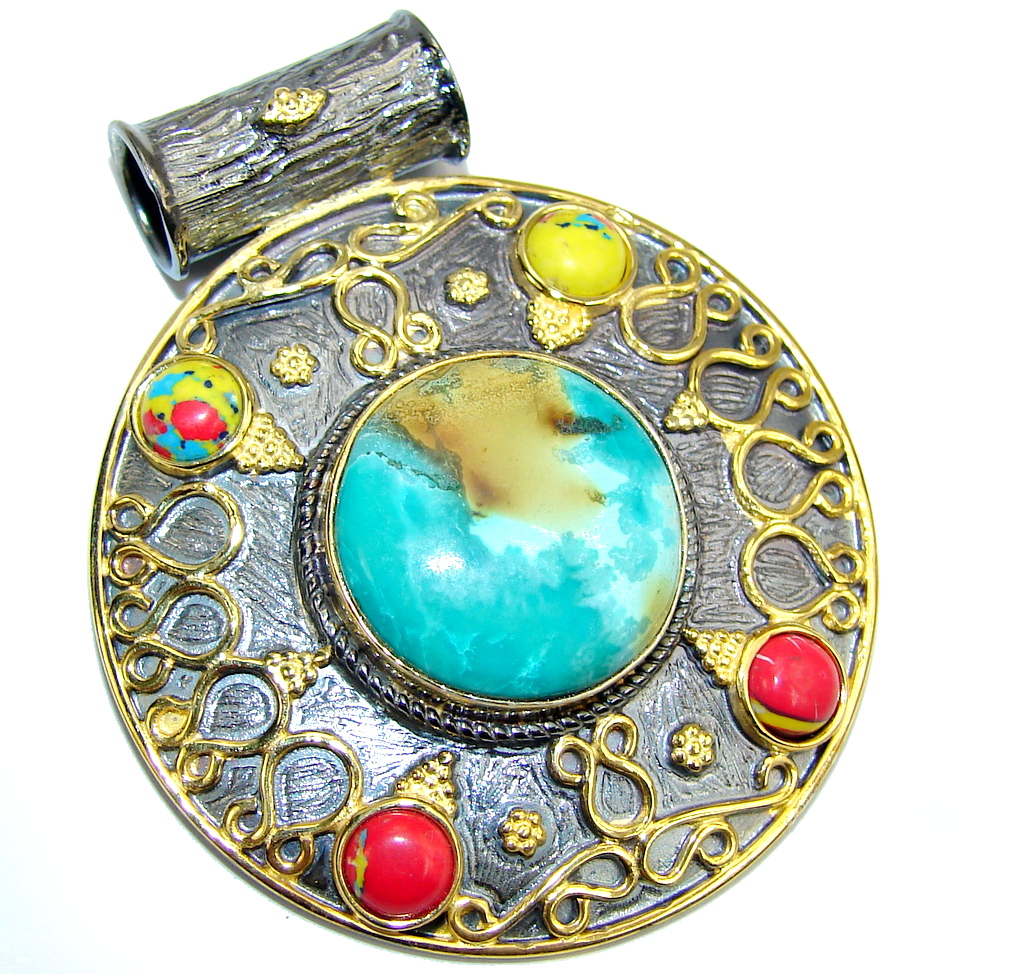 Amazing Green Turquoise, Rose Plated, Rhodium Plated Sterling Silver Pendant