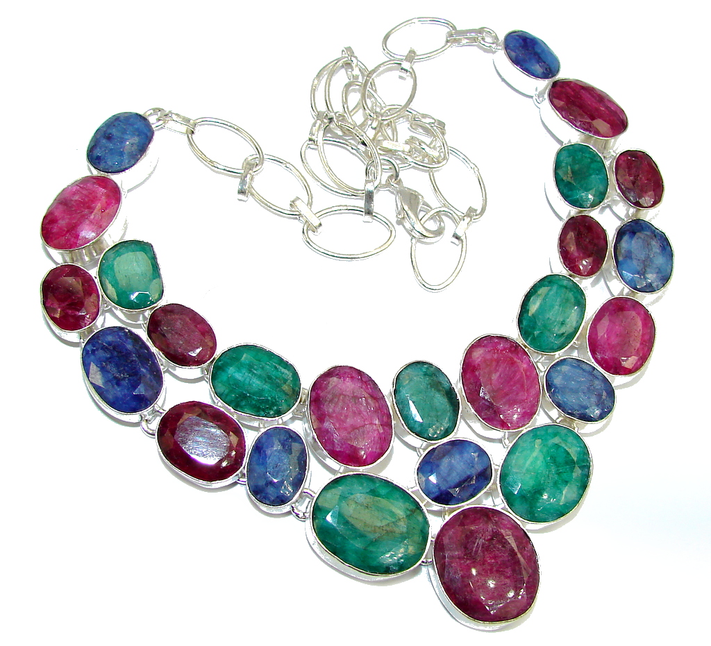 Breath Of Love! Pink Ruby & Emerald & Sapphire Sterling Silver necklace