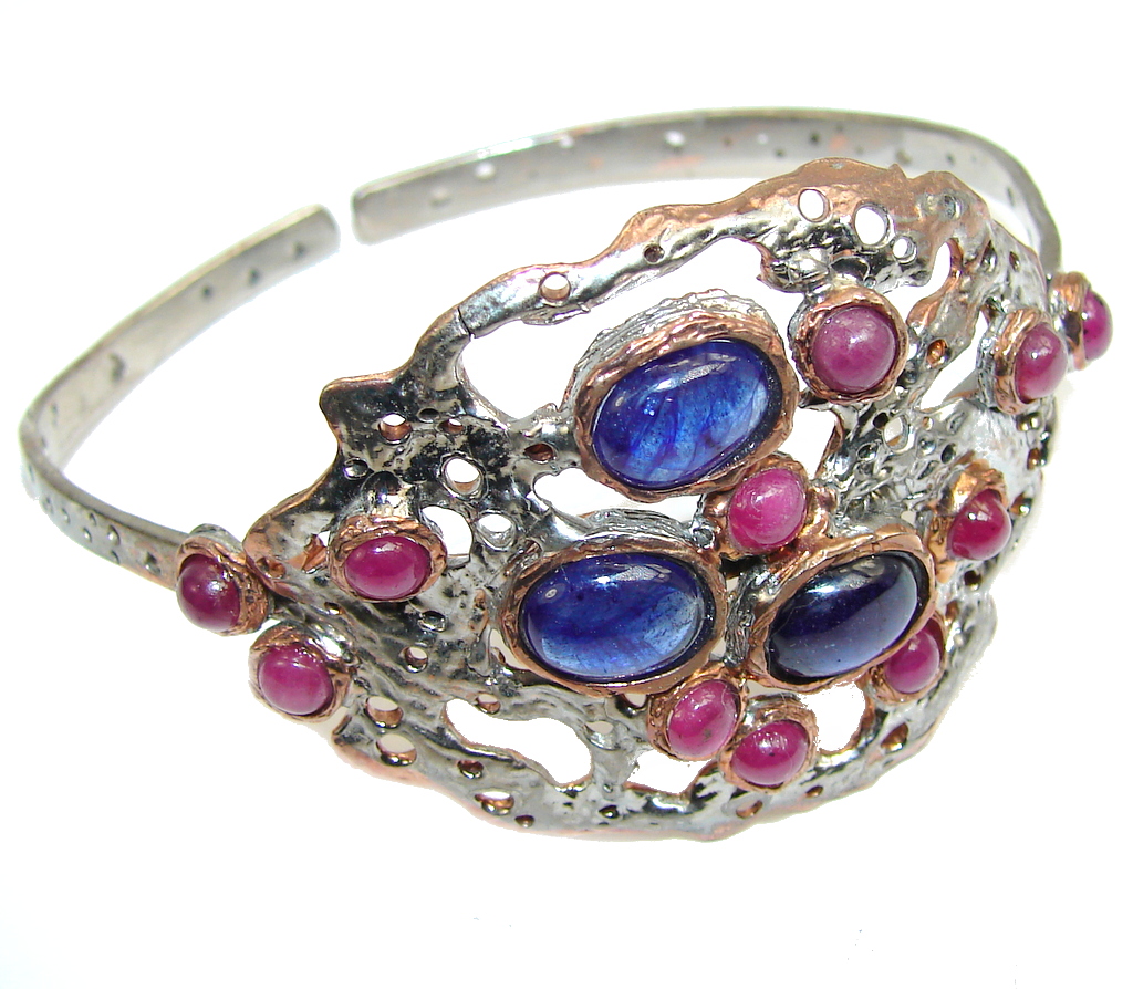 Beautiful Blue Sapphire & Pink Ruby, Two Tones Sterling Silver Bracelet / Cuff