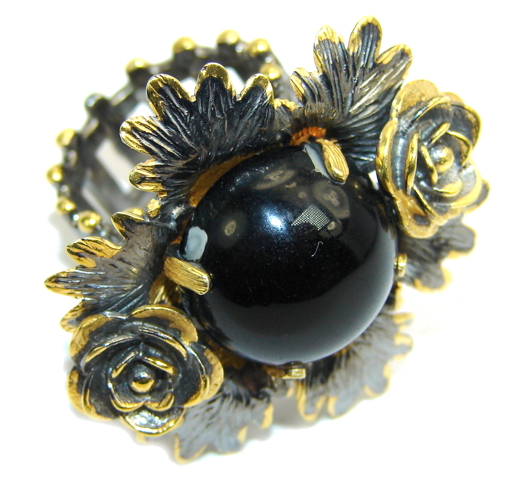 Big! Amazing AAA Black Onyx, Gold Plated, Rhodium Plated Sterling Silver ring s. 7