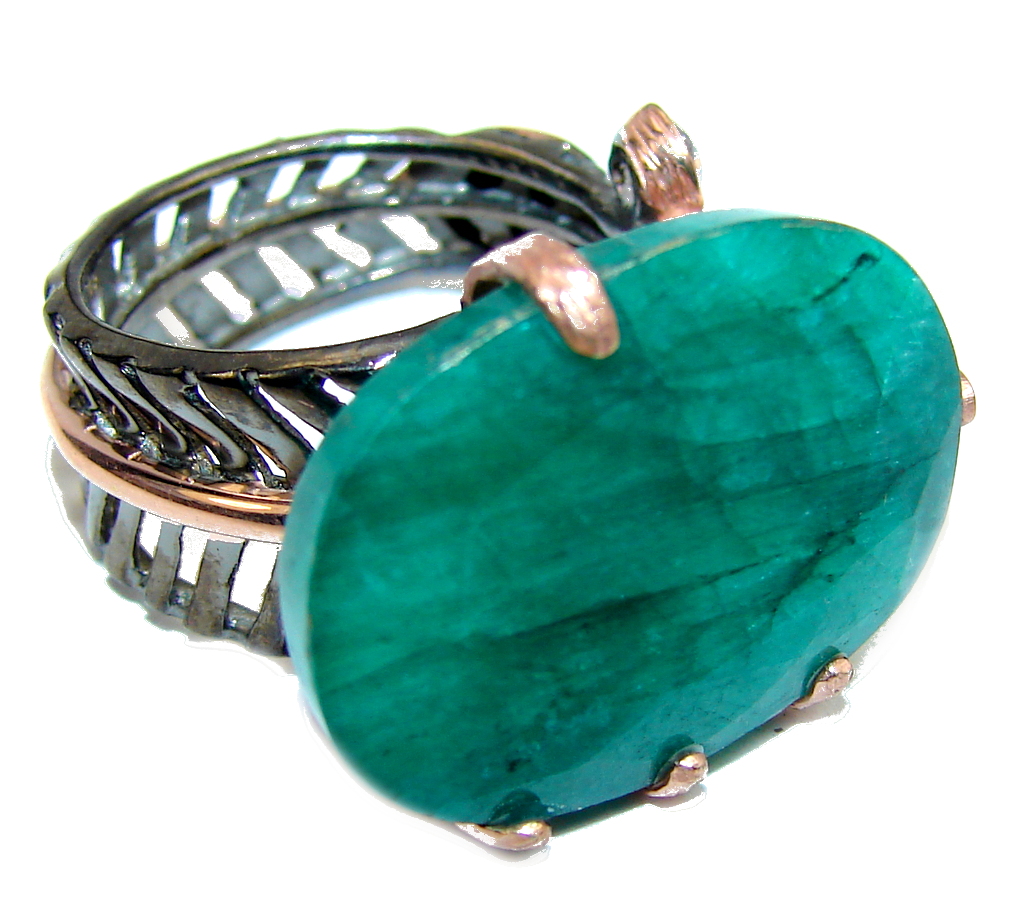 Genuine AAA Green Emerald, Rose Gold Plated, Rhodium Plated Sterling Silver Ring s. 7- adjustable