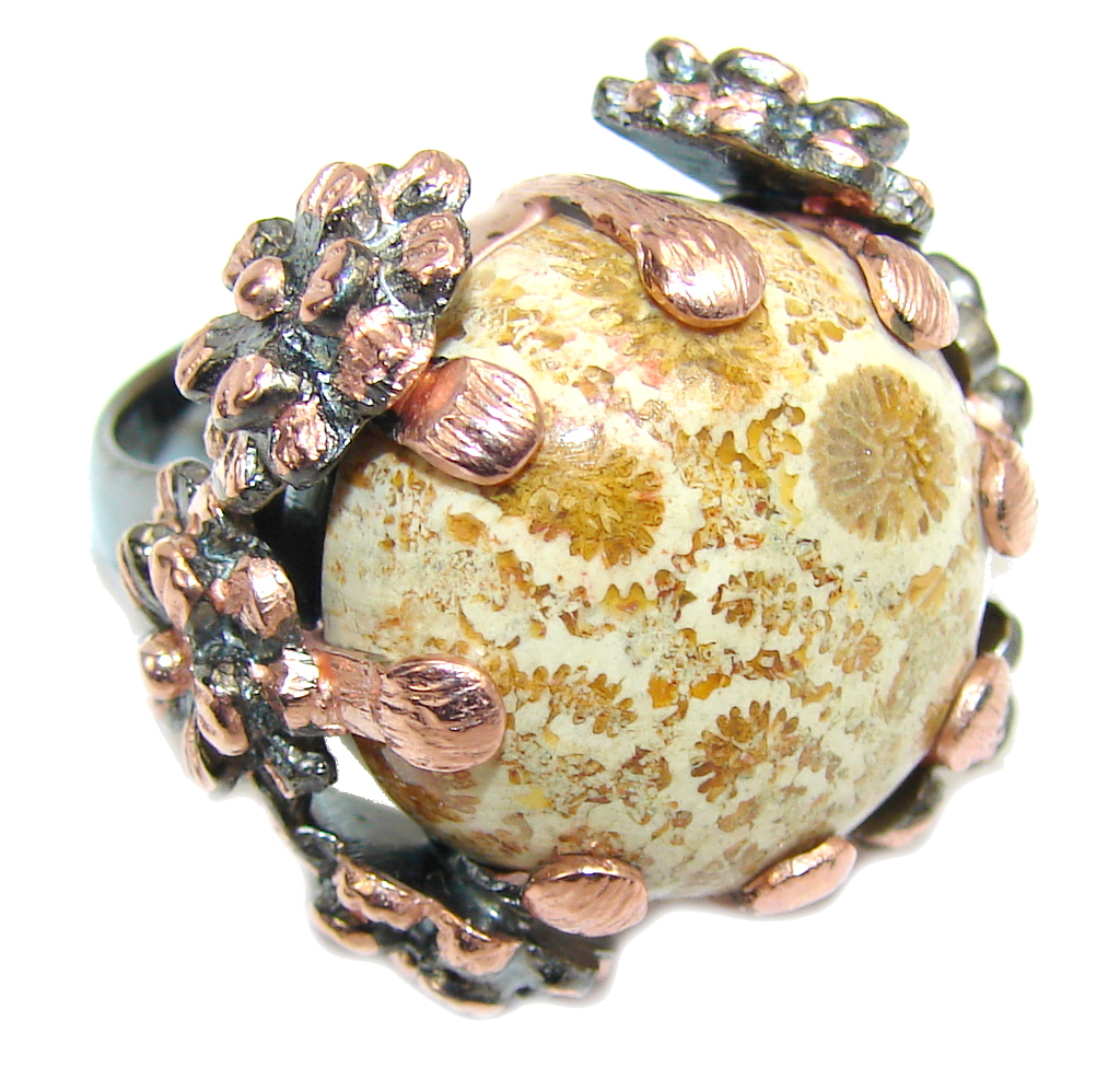 Amazing Brown Fossilized Coral, Rose & Rhodium Plated Sterling Silver ring s 6