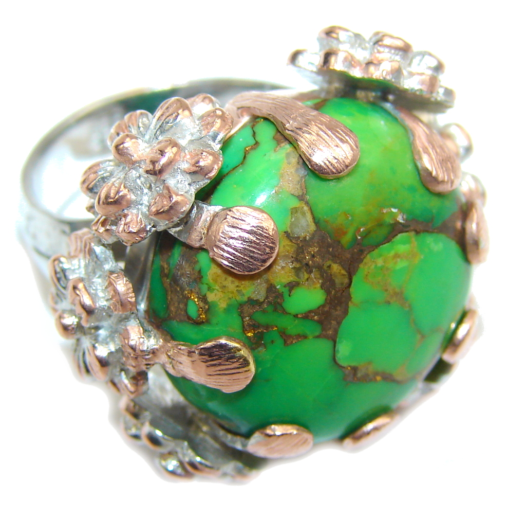 Amazing Copper Green Turquoise, Two Tones Sterling Silver Ring s. 7